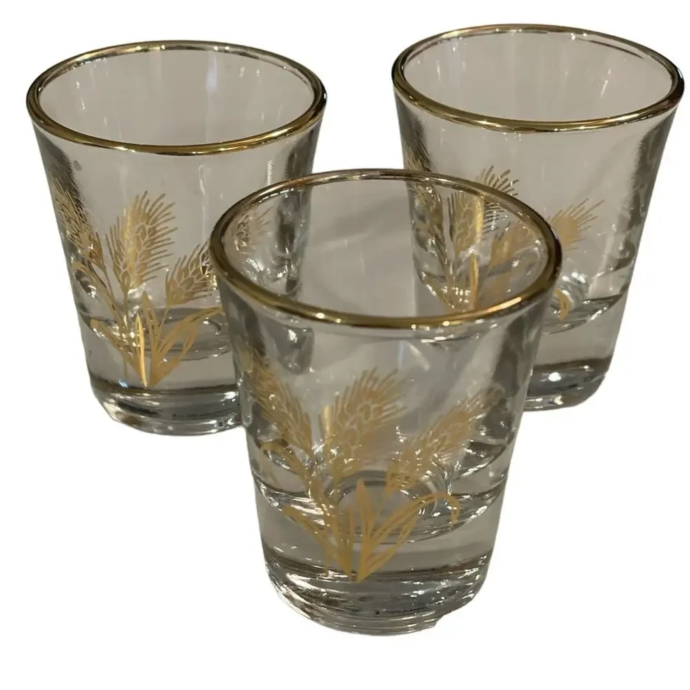 Vintage MCM Shot Glasses Set of 6 Anchor Hocking and Libbey Clear & Gold Wheat